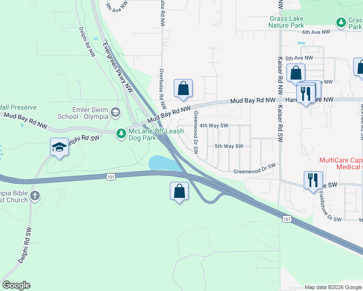 map of restaurants, bars, coffee shops, grocery stores, and more near 511 Greenwood Drive Southwest in Olympia