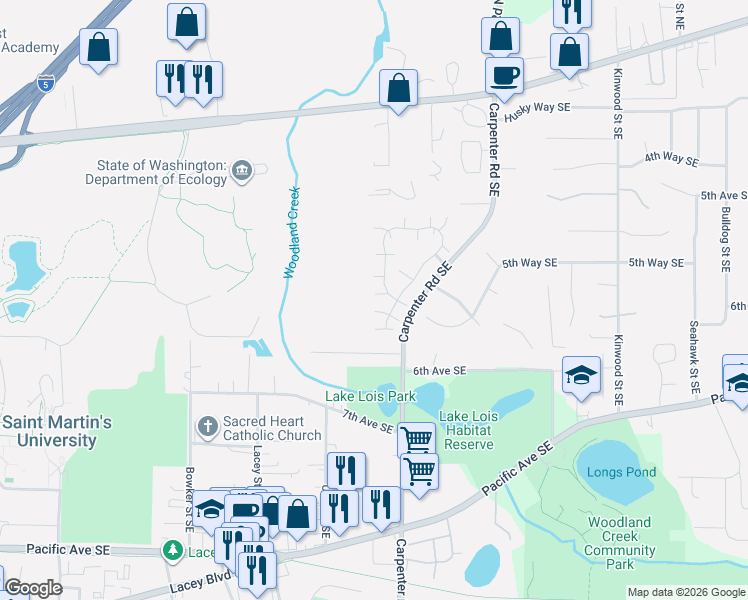 map of restaurants, bars, coffee shops, grocery stores, and more near 6101 Monterey Lane Southeast in Lacey