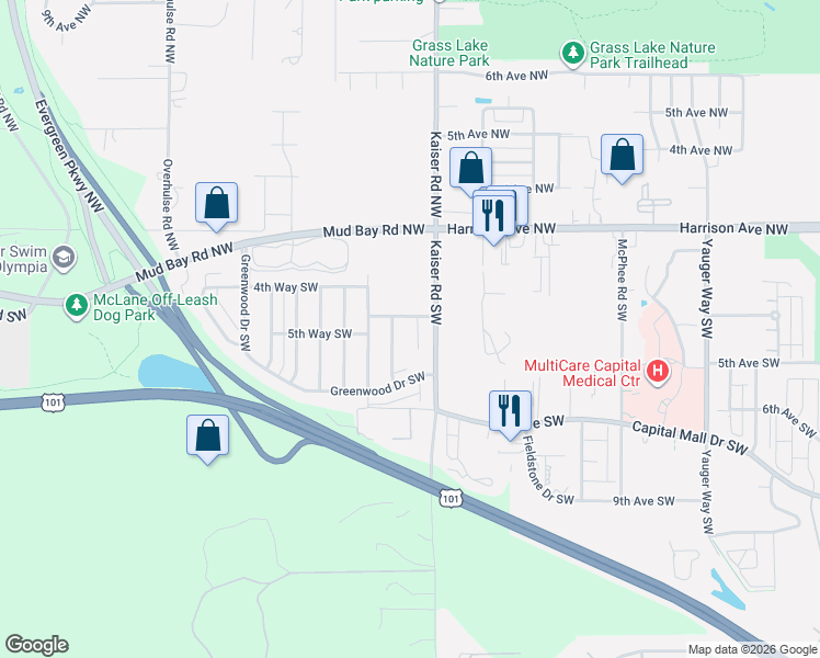 map of restaurants, bars, coffee shops, grocery stores, and more near 528 Beechwood Court Southwest in Olympia