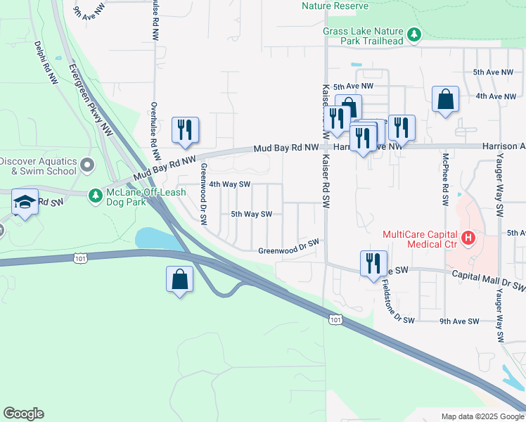 map of restaurants, bars, coffee shops, grocery stores, and more near 526 Woodduck Drive Southwest in Olympia