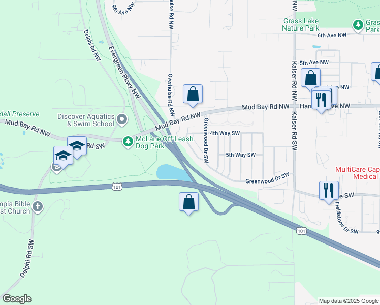 map of restaurants, bars, coffee shops, grocery stores, and more near 511 Greenwood Drive Southwest in Olympia