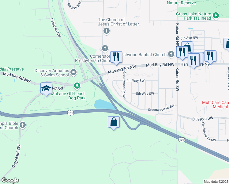 map of restaurants, bars, coffee shops, grocery stores, and more near 511 Greenwood Drive Southwest in Olympia