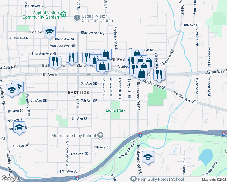 map of restaurants, bars, coffee shops, grocery stores, and more near 526 Wilson Street Southeast in Olympia
