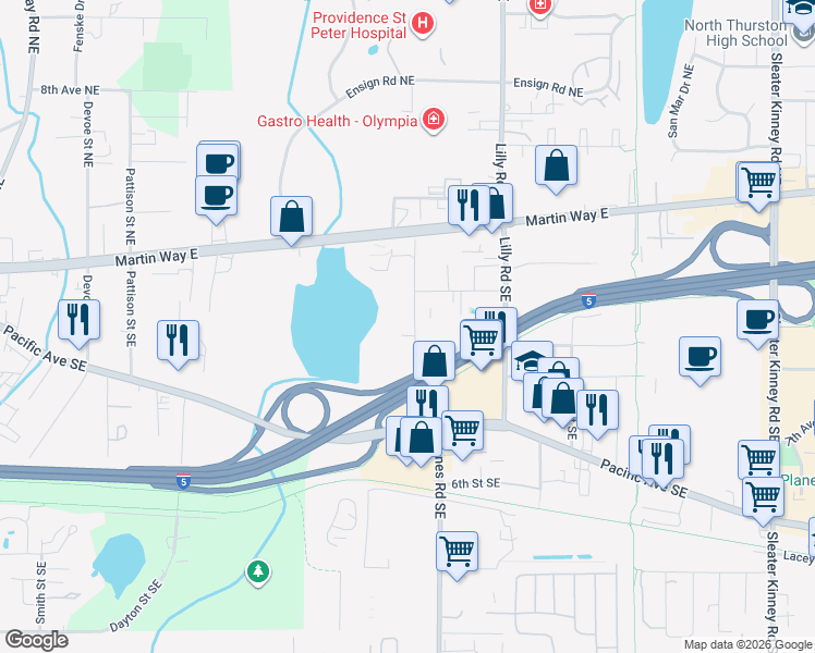 map of restaurants, bars, coffee shops, grocery stores, and more near 517 Stoll Road Southeast in Olympia