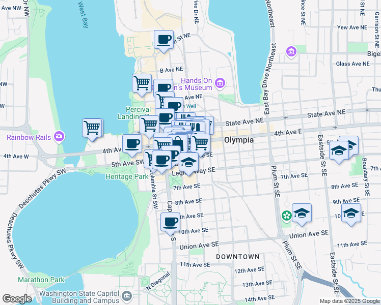 map of restaurants, bars, coffee shops, grocery stores, and more near 425 Franklin Street Southeast in Olympia
