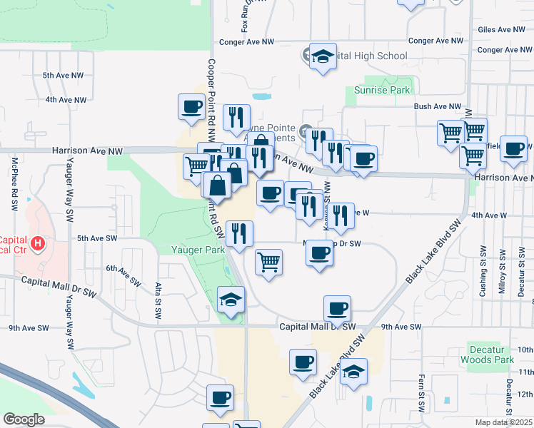 map of restaurants, bars, coffee shops, grocery stores, and more near 2925 Harrison Avenue Northwest in Olympia