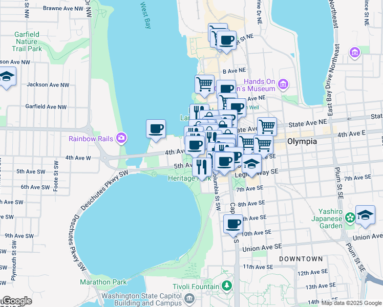map of restaurants, bars, coffee shops, grocery stores, and more near 309 4th Avenue West in Olympia