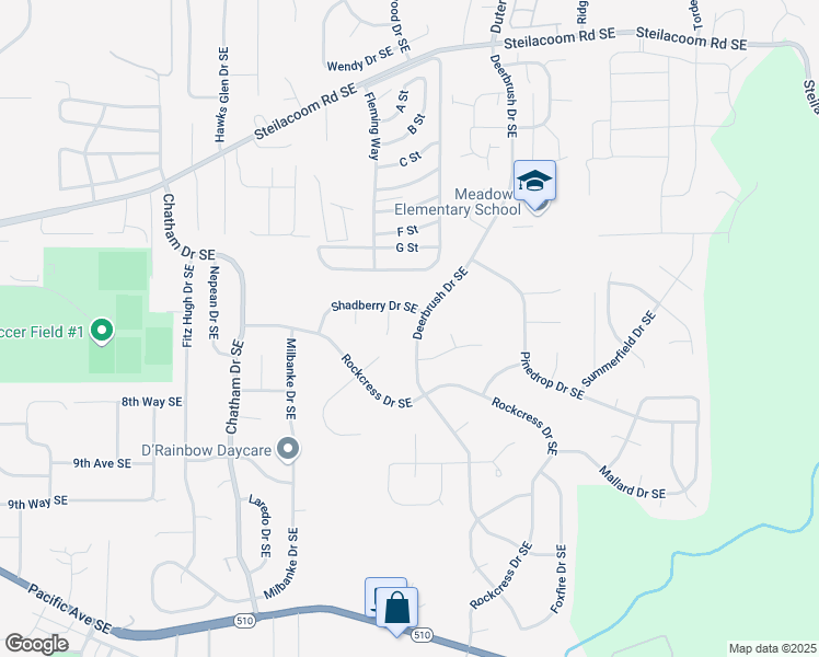 map of restaurants, bars, coffee shops, grocery stores, and more near 1023 Deerbrush Drive Southeast in Olympia