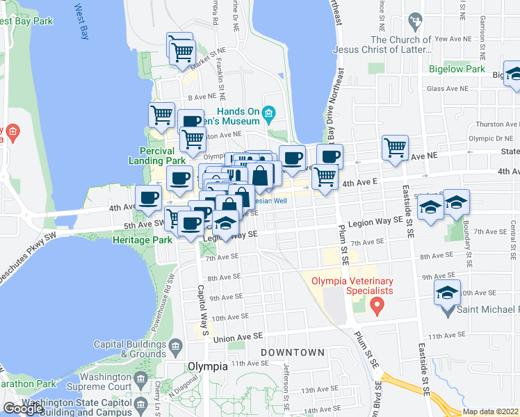 map of restaurants, bars, coffee shops, grocery stores, and more near 326 5th Avenue Southeast in Olympia