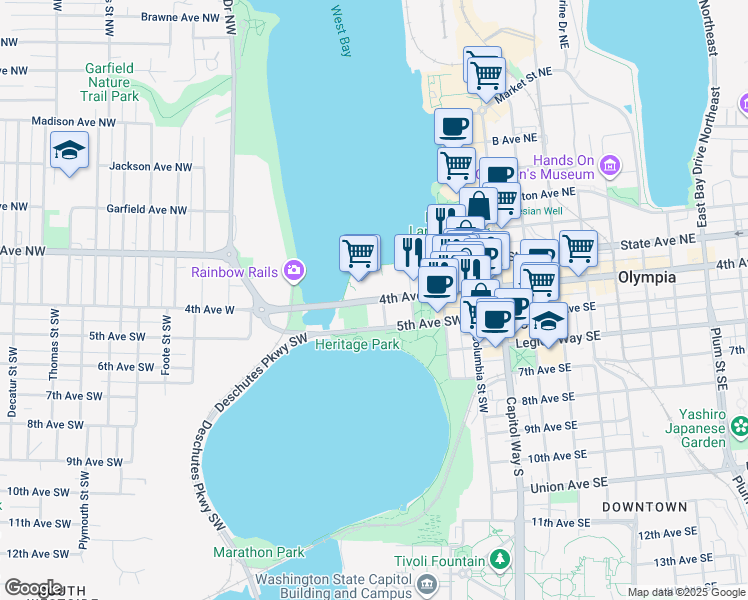map of restaurants, bars, coffee shops, grocery stores, and more near in Olympia