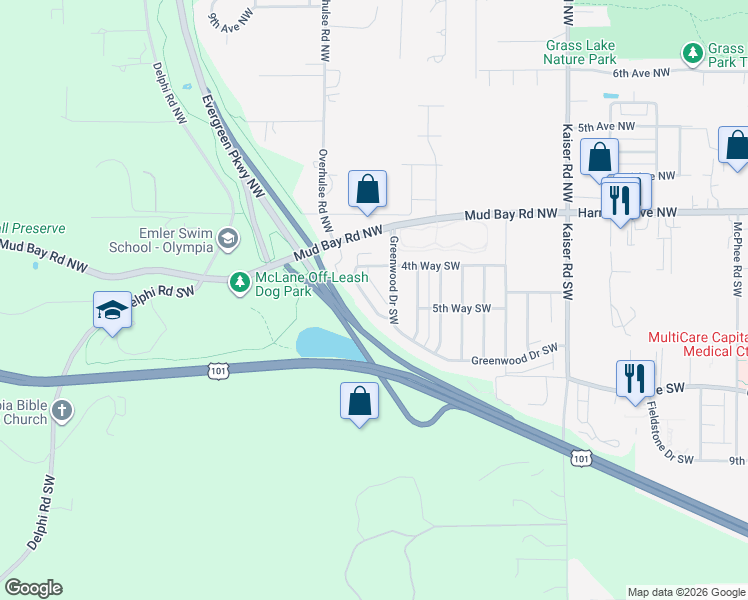 map of restaurants, bars, coffee shops, grocery stores, and more near 511 Greenwood Drive Southwest in Olympia