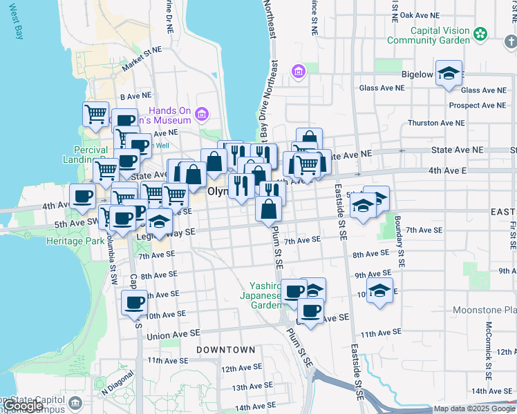 map of restaurants, bars, coffee shops, grocery stores, and more near 667 5th Avenue Southeast in Olympia