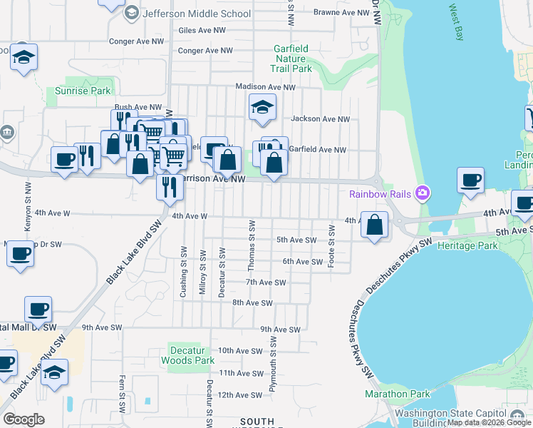 map of restaurants, bars, coffee shops, grocery stores, and more near 1504 4th Avenue West in Olympia