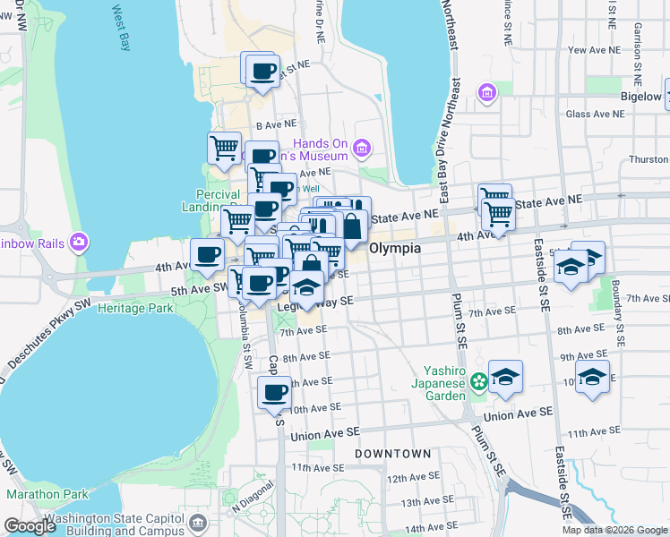 map of restaurants, bars, coffee shops, grocery stores, and more near 322 5th Avenue Southeast in Olympia