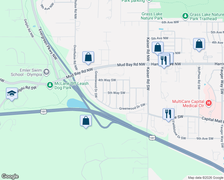 map of restaurants, bars, coffee shops, grocery stores, and more near 526 Meadowwood Drive Southwest in Olympia