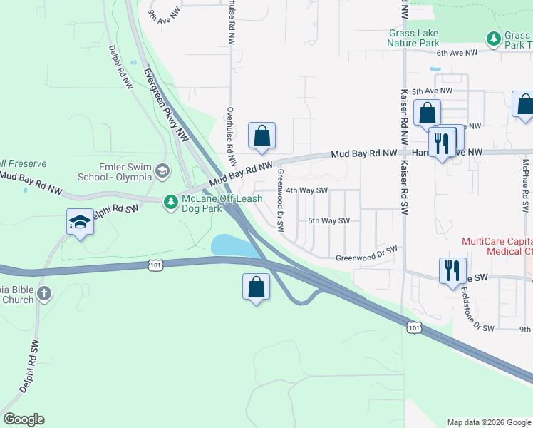 map of restaurants, bars, coffee shops, grocery stores, and more near 511 Greenwood Drive Southwest in Olympia