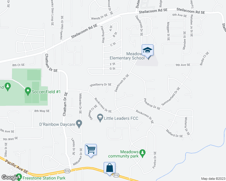 map of restaurants, bars, coffee shops, grocery stores, and more near 1023 Deerbrush Drive Southeast in Olympia