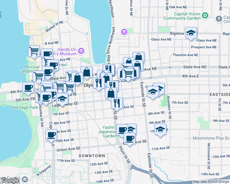 map of restaurants, bars, coffee shops, grocery stores, and more near 510 Plum Street Southeast in Olympia
