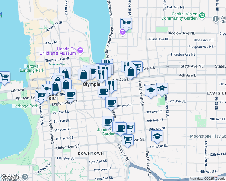 map of restaurants, bars, coffee shops, grocery stores, and more near 510 Plum Street Southeast in Olympia