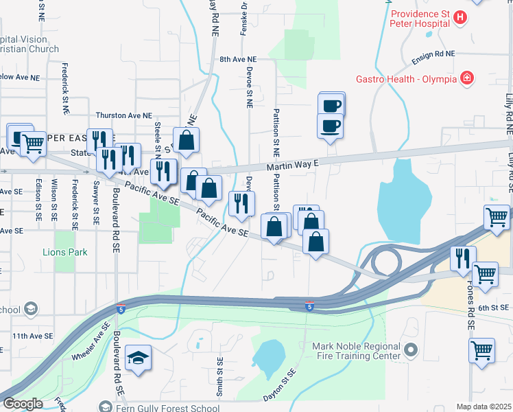map of restaurants, bars, coffee shops, grocery stores, and more near 527 Pattison Street Northeast in Olympia