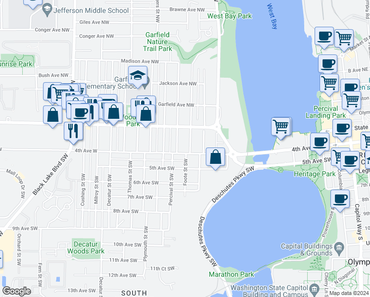 map of restaurants, bars, coffee shops, grocery stores, and more near 109 Foote Street Northwest in Olympia