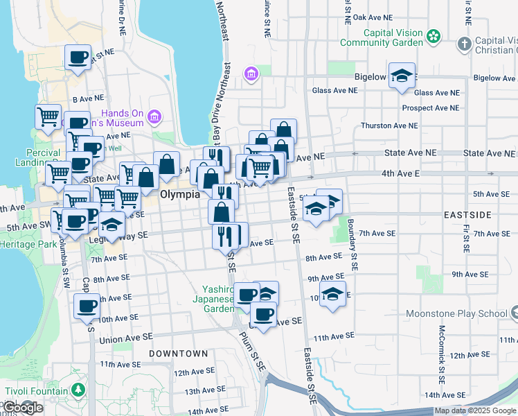 map of restaurants, bars, coffee shops, grocery stores, and more near 915 5th Avenue Southeast in Olympia