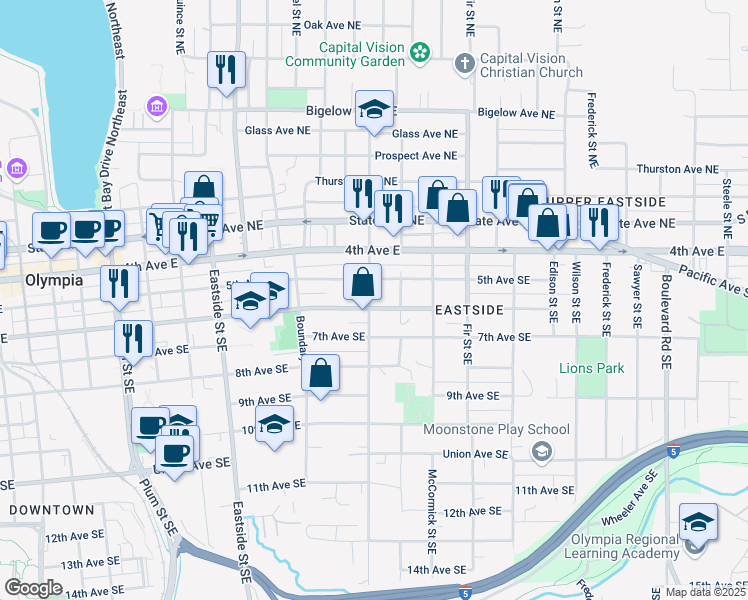 map of restaurants, bars, coffee shops, grocery stores, and more near 1502 Legion Way Southeast in Olympia