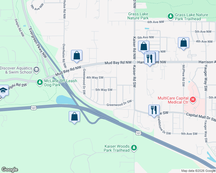 map of restaurants, bars, coffee shops, grocery stores, and more near 526 Woodduck Drive Southwest in Olympia