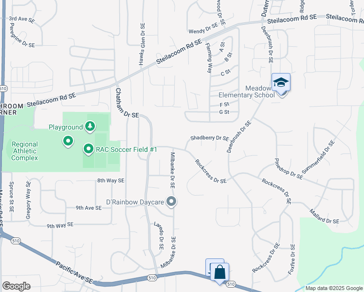 map of restaurants, bars, coffee shops, grocery stores, and more near 9000 Shadberry Drive Southeast in Olympia