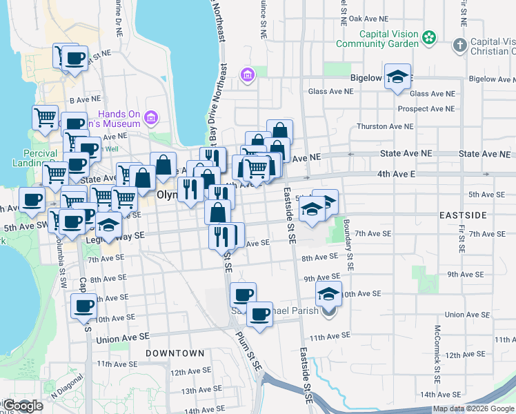 map of restaurants, bars, coffee shops, grocery stores, and more near 915 5th Avenue Southeast in Olympia