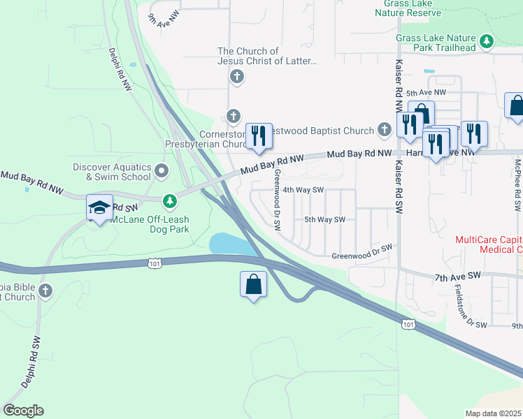 map of restaurants, bars, coffee shops, grocery stores, and more near 511 Greenwood Drive Southwest in Olympia