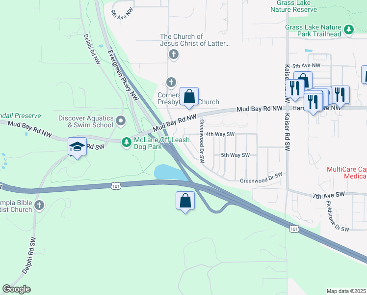 map of restaurants, bars, coffee shops, grocery stores, and more near 5031 Woodbine Drive Southwest in Olympia