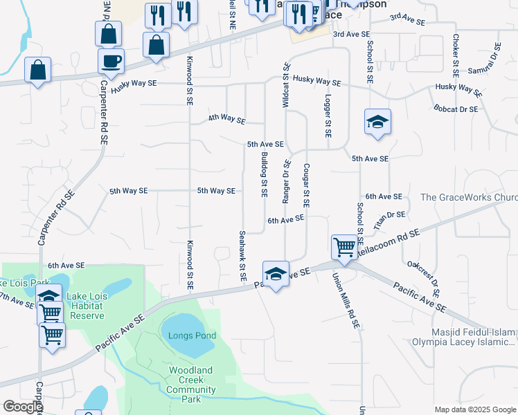 map of restaurants, bars, coffee shops, grocery stores, and more near 545 Bulldog Street Southeast in Olympia