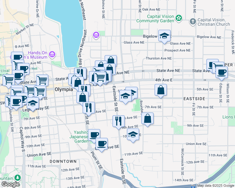 map of restaurants, bars, coffee shops, grocery stores, and more near 1118 Legion Way Southeast in Olympia