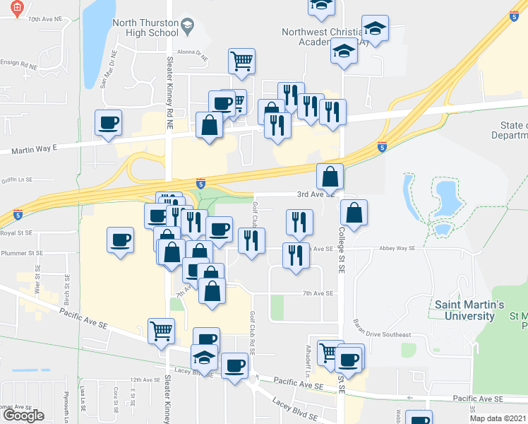 map of restaurants, bars, coffee shops, grocery stores, and more near 420 Golf Club Road Southeast in Lacey