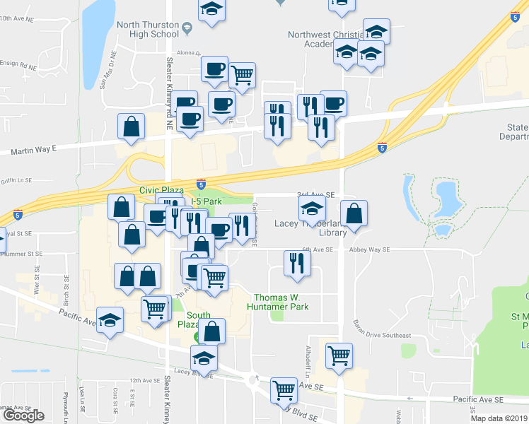 map of restaurants, bars, coffee shops, grocery stores, and more near 402 Golf Club Road Southeast in Lacey