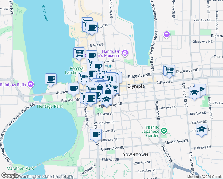 map of restaurants, bars, coffee shops, grocery stores, and more near 425 Franklin Street Southeast in Olympia