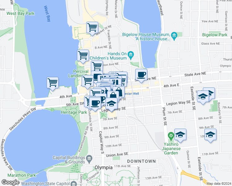 map of restaurants, bars, coffee shops, grocery stores, and more near 425 Franklin Street Southeast in Olympia