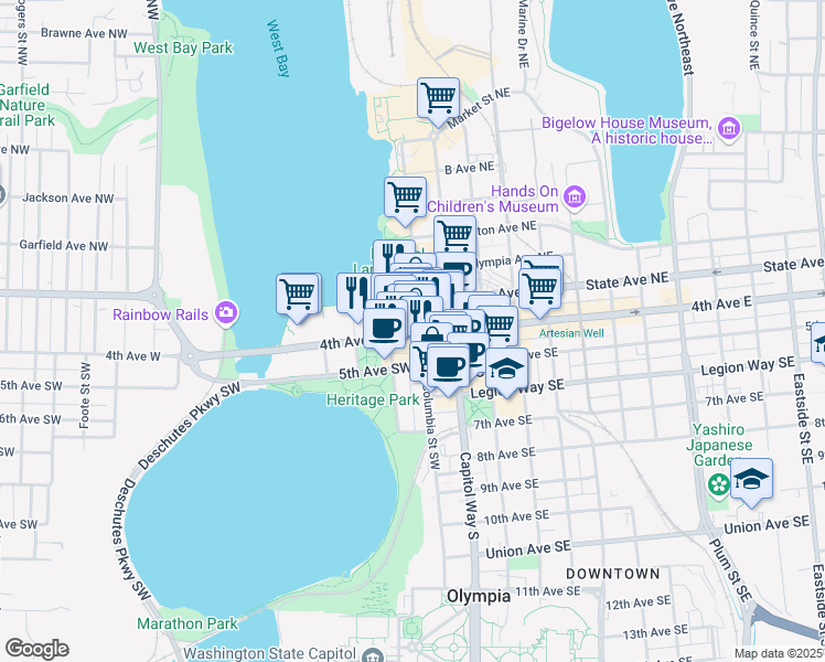 map of restaurants, bars, coffee shops, grocery stores, and more near 309 4th Avenue West in Olympia