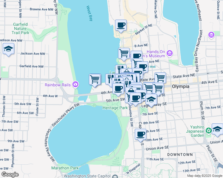map of restaurants, bars, coffee shops, grocery stores, and more near 320 4th Avenue West in Olympia