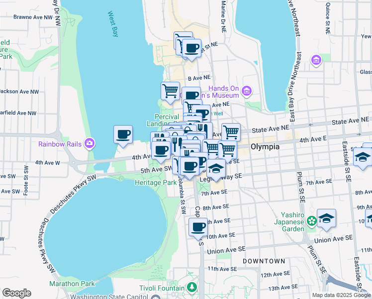 map of restaurants, bars, coffee shops, grocery stores, and more near 125 4th Avenue West in Olympia