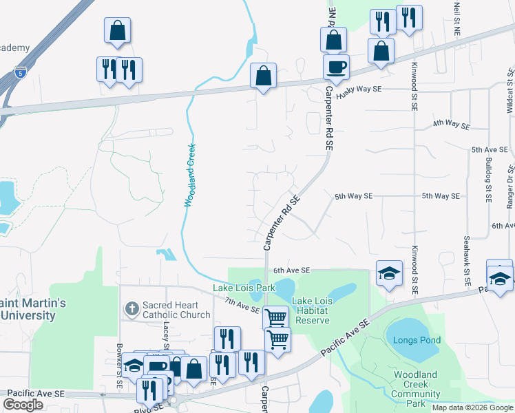 map of restaurants, bars, coffee shops, grocery stores, and more near 6110 Balboa Lane Southeast in Lacey