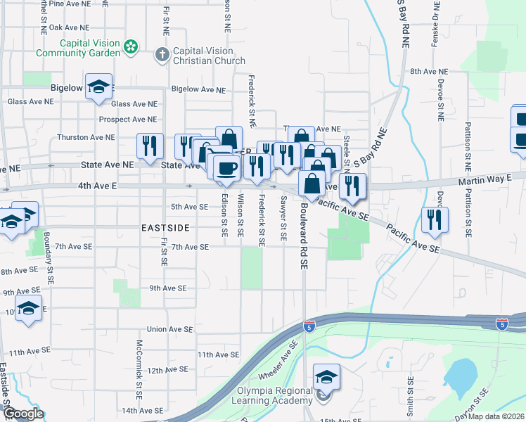 map of restaurants, bars, coffee shops, grocery stores, and more near 520 Frederick Street Southeast in Olympia