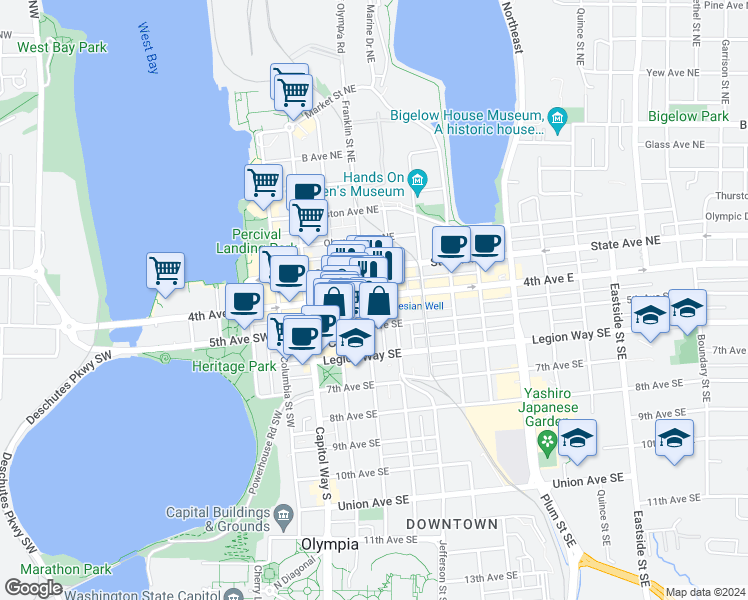 map of restaurants, bars, coffee shops, grocery stores, and more near 425 Franklin Street Southeast in Olympia