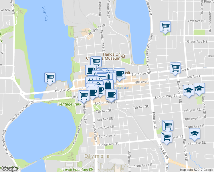 map of restaurants, bars, coffee shops, grocery stores, and more near 425 Franklin Street Southeast in Olympia