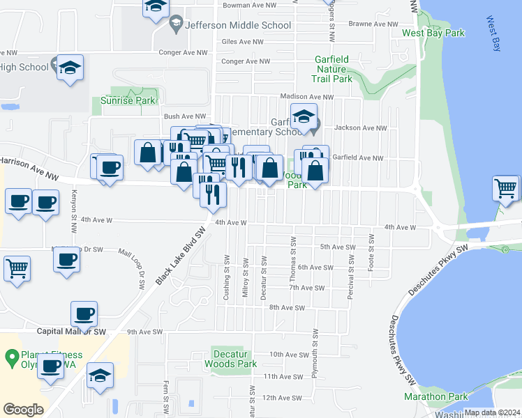 map of restaurants, bars, coffee shops, grocery stores, and more near 104 Milroy Street Northwest in Olympia
