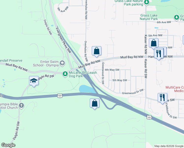 map of restaurants, bars, coffee shops, grocery stores, and more near 5031 Woodbine Drive Southwest in Olympia