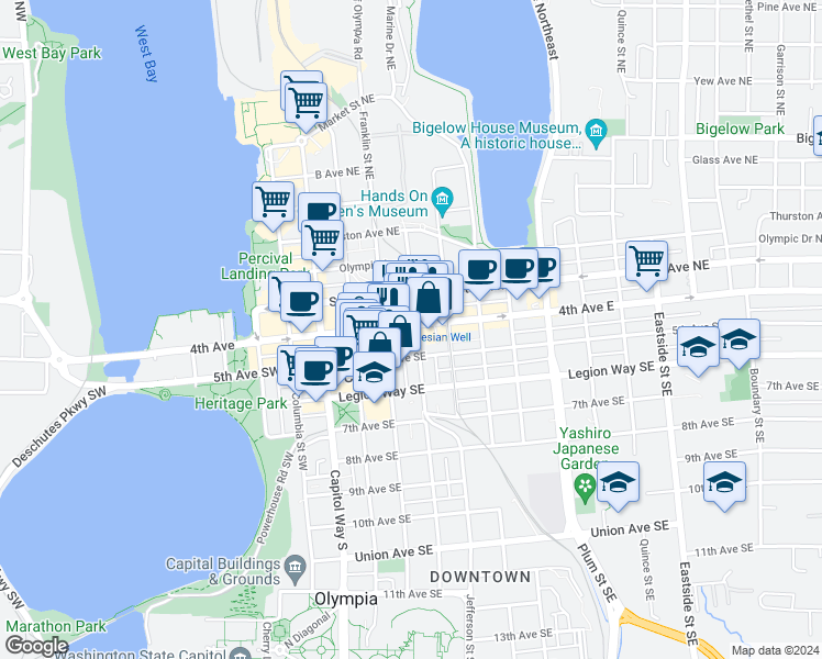 map of restaurants, bars, coffee shops, grocery stores, and more near 325 4th Avenue East in Olympia