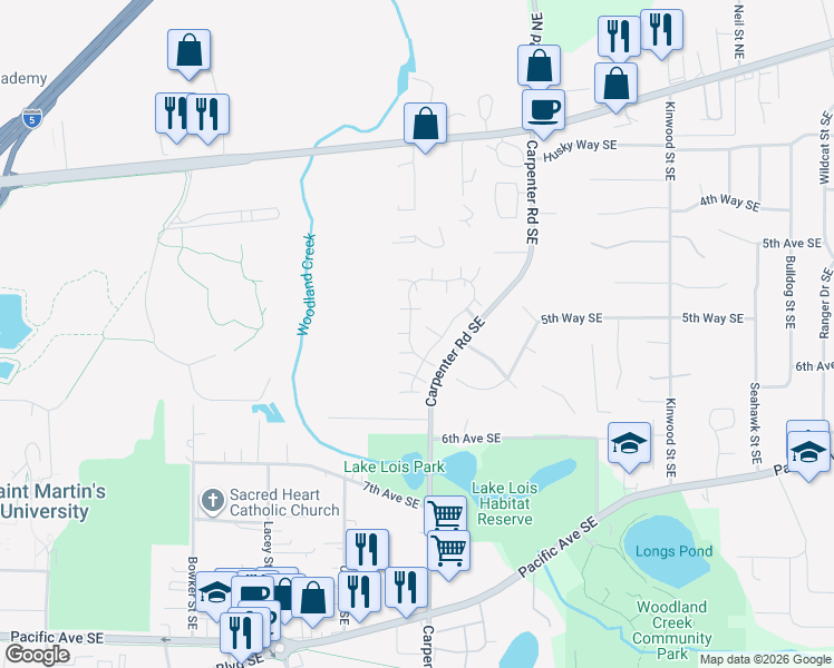 map of restaurants, bars, coffee shops, grocery stores, and more near 6110 Balboa Lane Southeast in Lacey