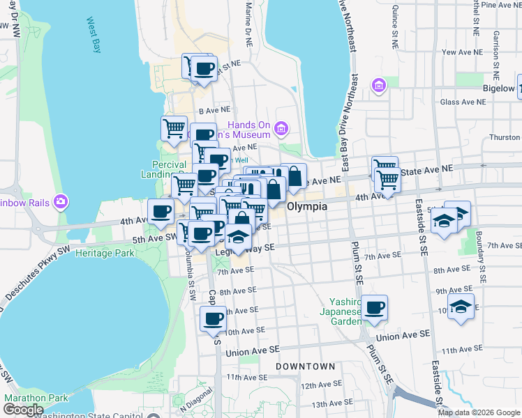 map of restaurants, bars, coffee shops, grocery stores, and more near 323 4th Avenue East in Olympia